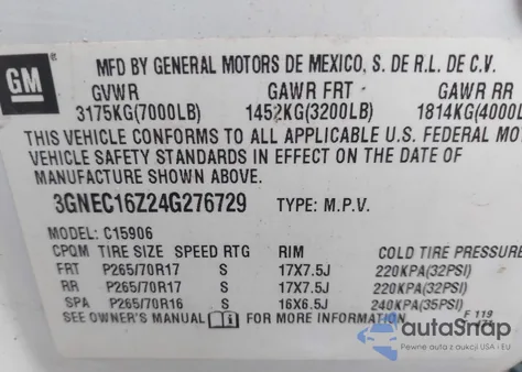 2004 Chevrolet Suburban 1500 Lt из США, поврежденный, VIN 3GNEC16Z24G276729